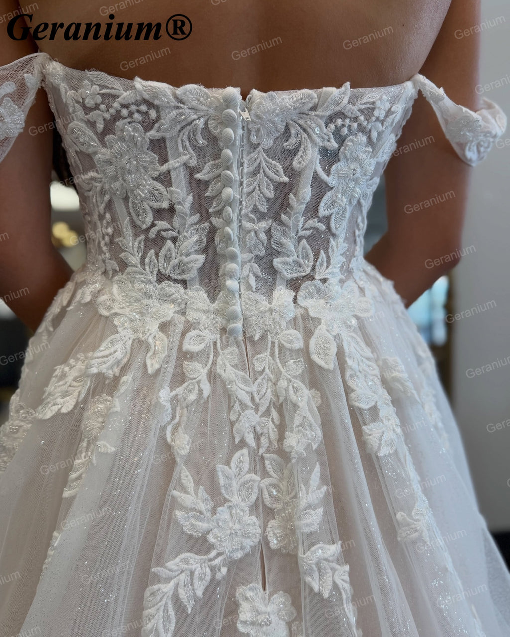 Geranium Sweetheart Off-the-Shoulder Lace A-Line Wedding Dress – GER126