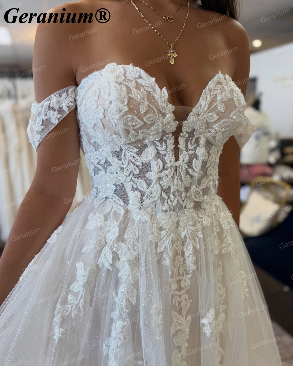 Geranium Sweetheart Off-the-Shoulder Lace A-Line Wedding Dress – GER126