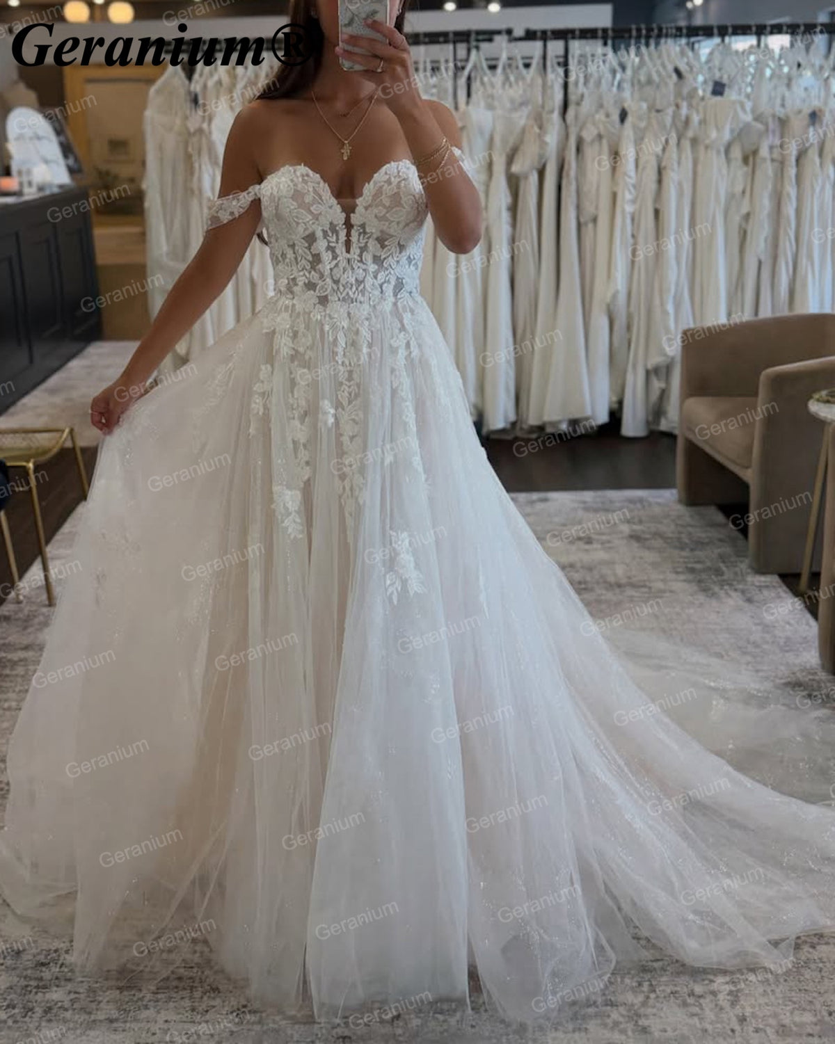 Geranium Sweetheart Off-the-Shoulder Lace A-Line Wedding Dress – GER126