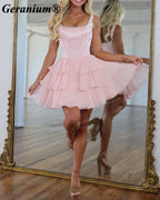 Geranium Pearl Trim Satin Corset Tiered Mini Homecoming Dress – GER714P