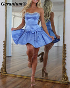 Geranium Strapless Beaded Sweetheart Satin Mini Prom Dress with Bow – GER720P