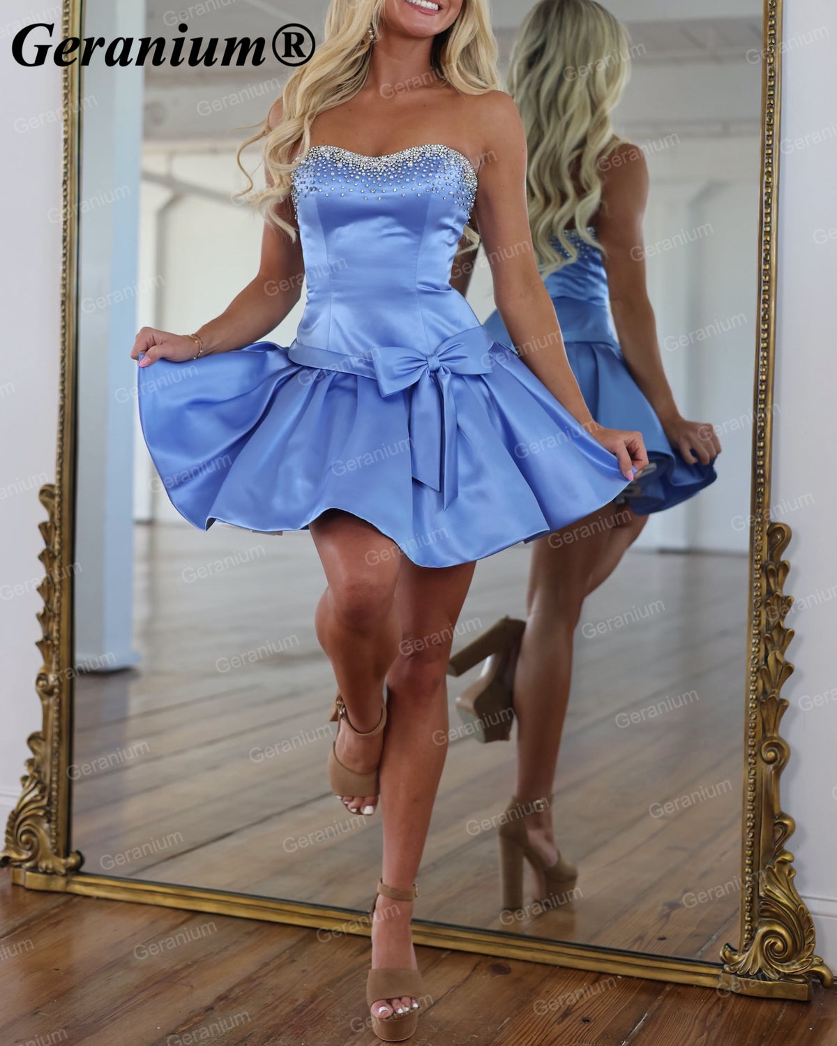 Geranium Strapless Beaded Sweetheart Satin Mini Prom Dress with Bow – GER720P
