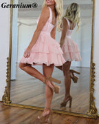 Geranium Pearl Trim Satin Corset Tiered Mini Homecoming Dress – GER714P