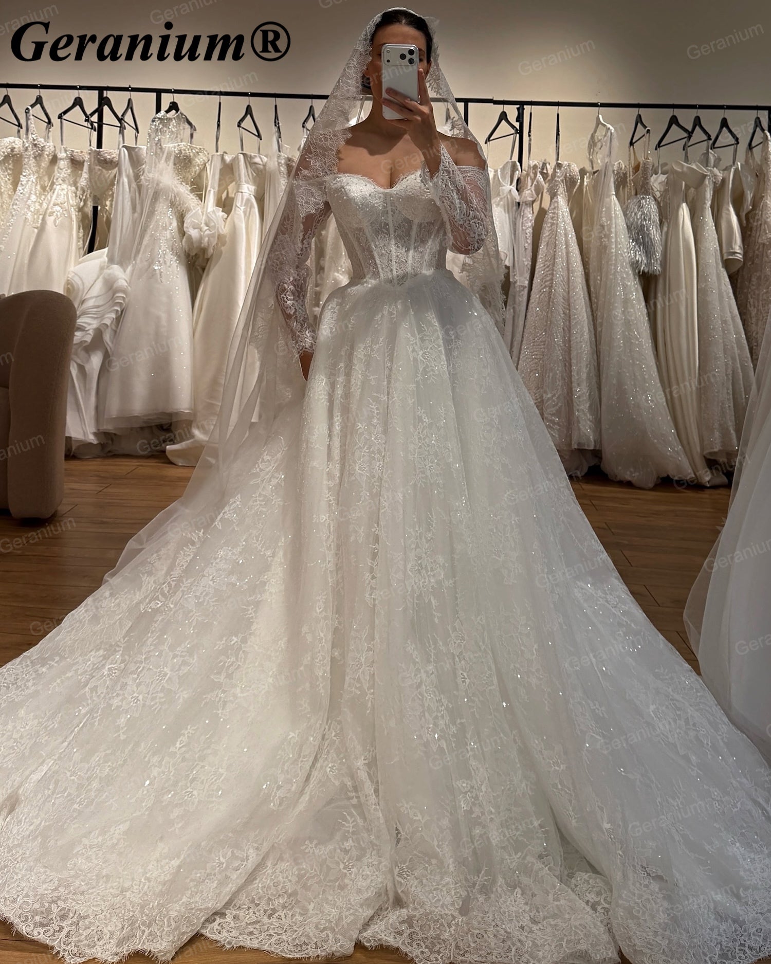Geranium Off-the-Shoulder Lace Ball Gown Wedding Dress – GER128 Secondary image