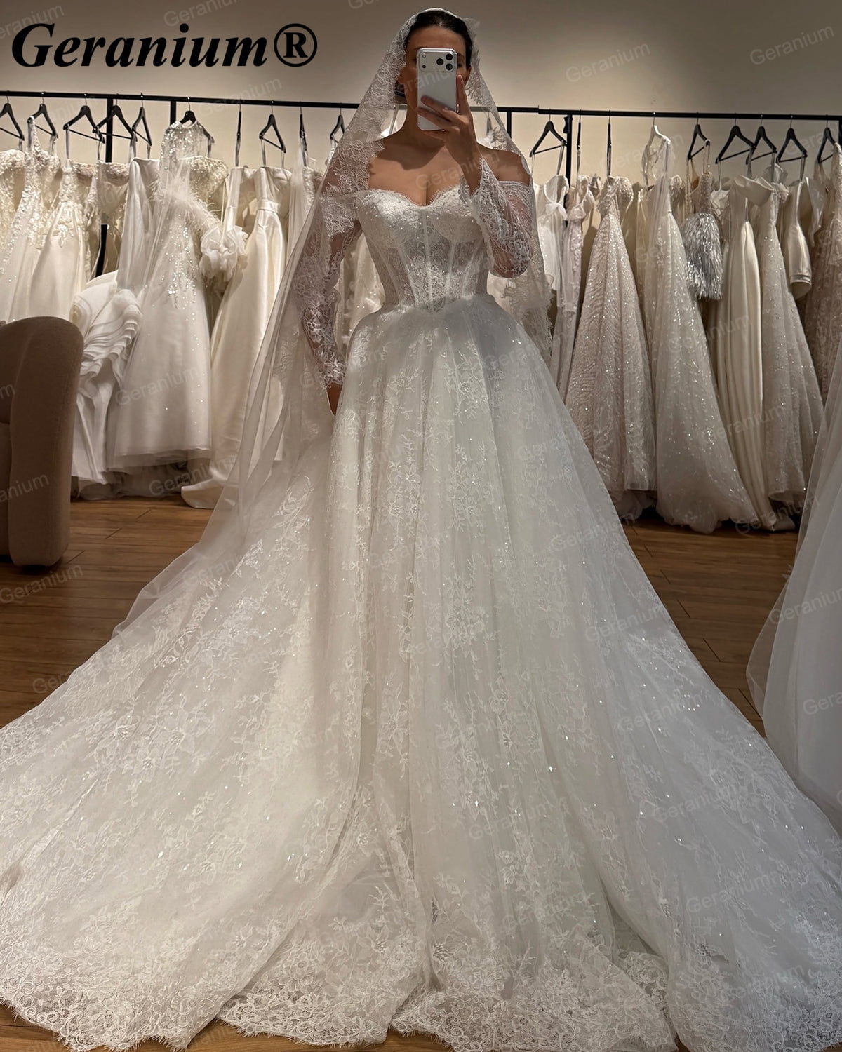 Geranium Off-the-Shoulder Lace Ball Gown Wedding Dress – GER128