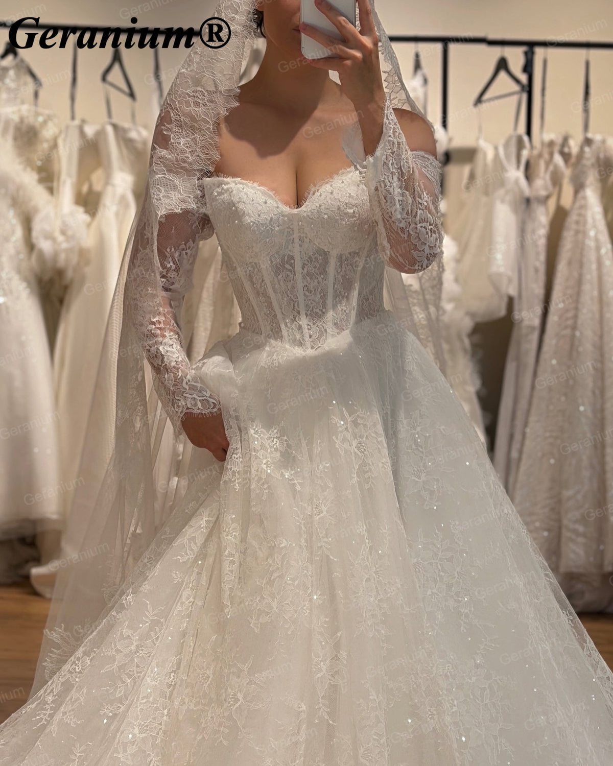 Geranium Off-the-Shoulder Lace Ball Gown Wedding Dress – GER128