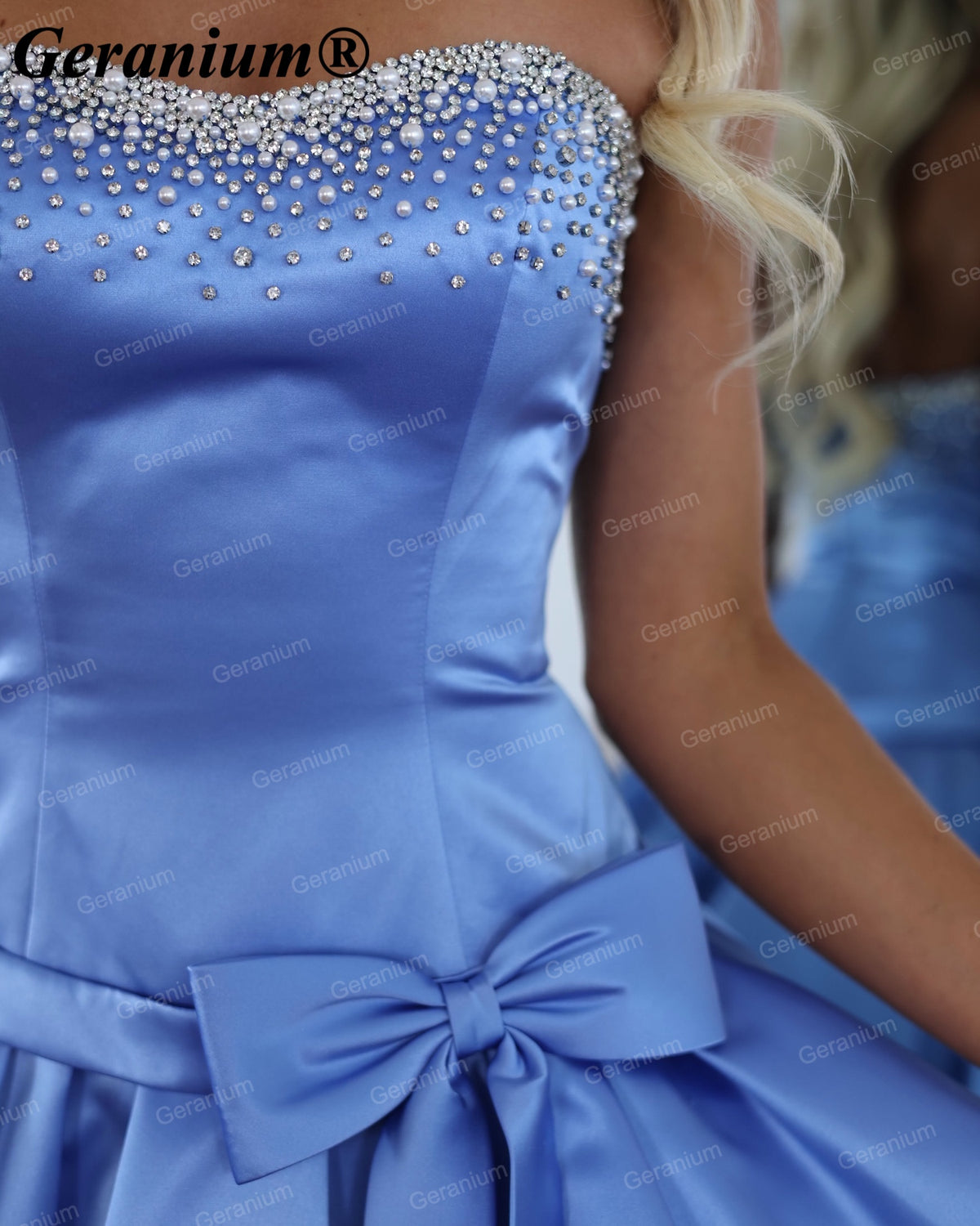 Geranium Strapless Beaded Sweetheart Satin Mini Prom Dress with Bow – GER720P