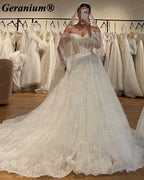 Geranium Off-the-Shoulder Lace Ball Gown Wedding Dress – GER128