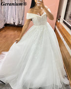 Geranium Off-the-Shoulder Beaded Ball Gown Wedding Dress – GER15