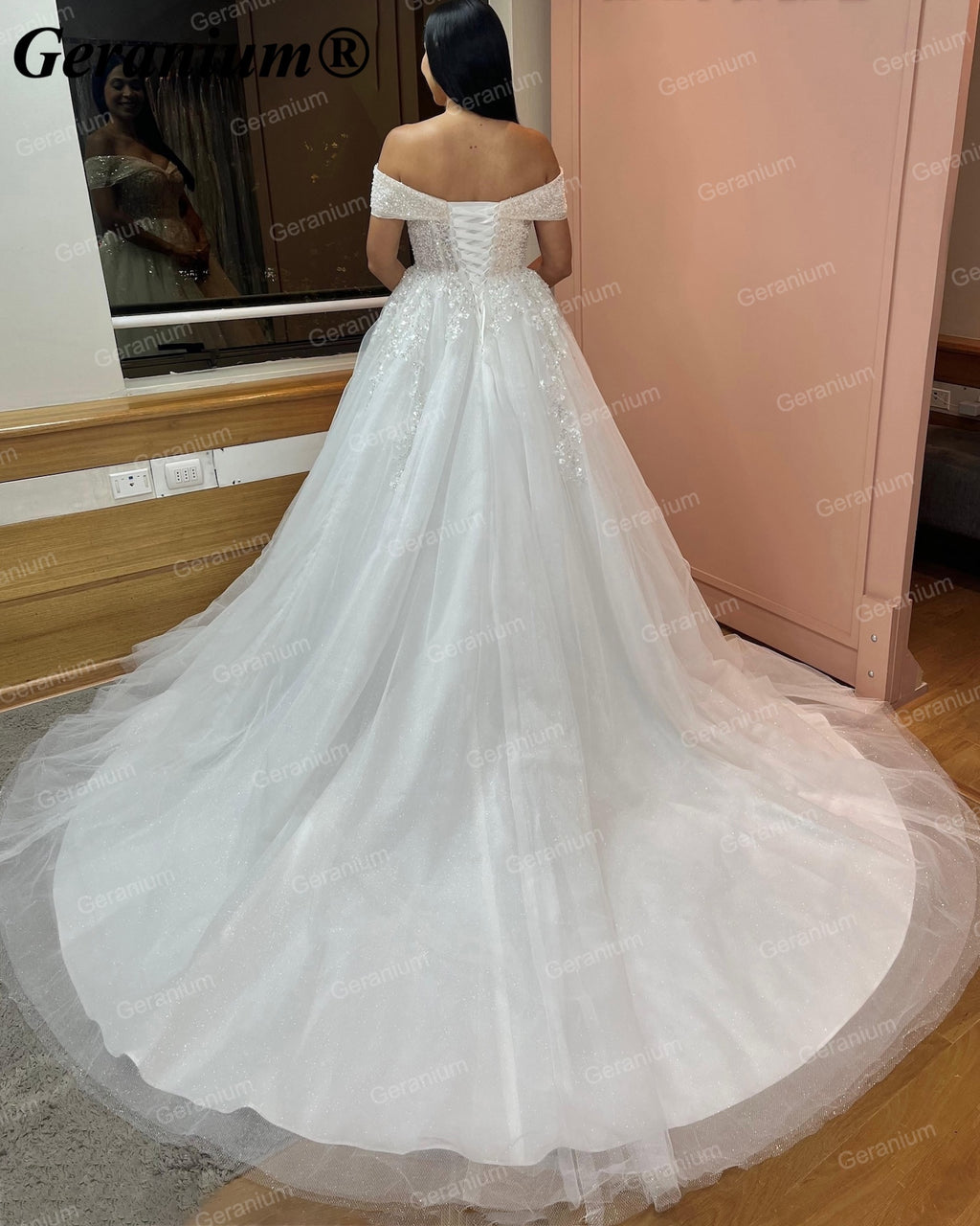 Geranium Off-the-Shoulder Beaded Ball Gown Wedding Dress – GER15
