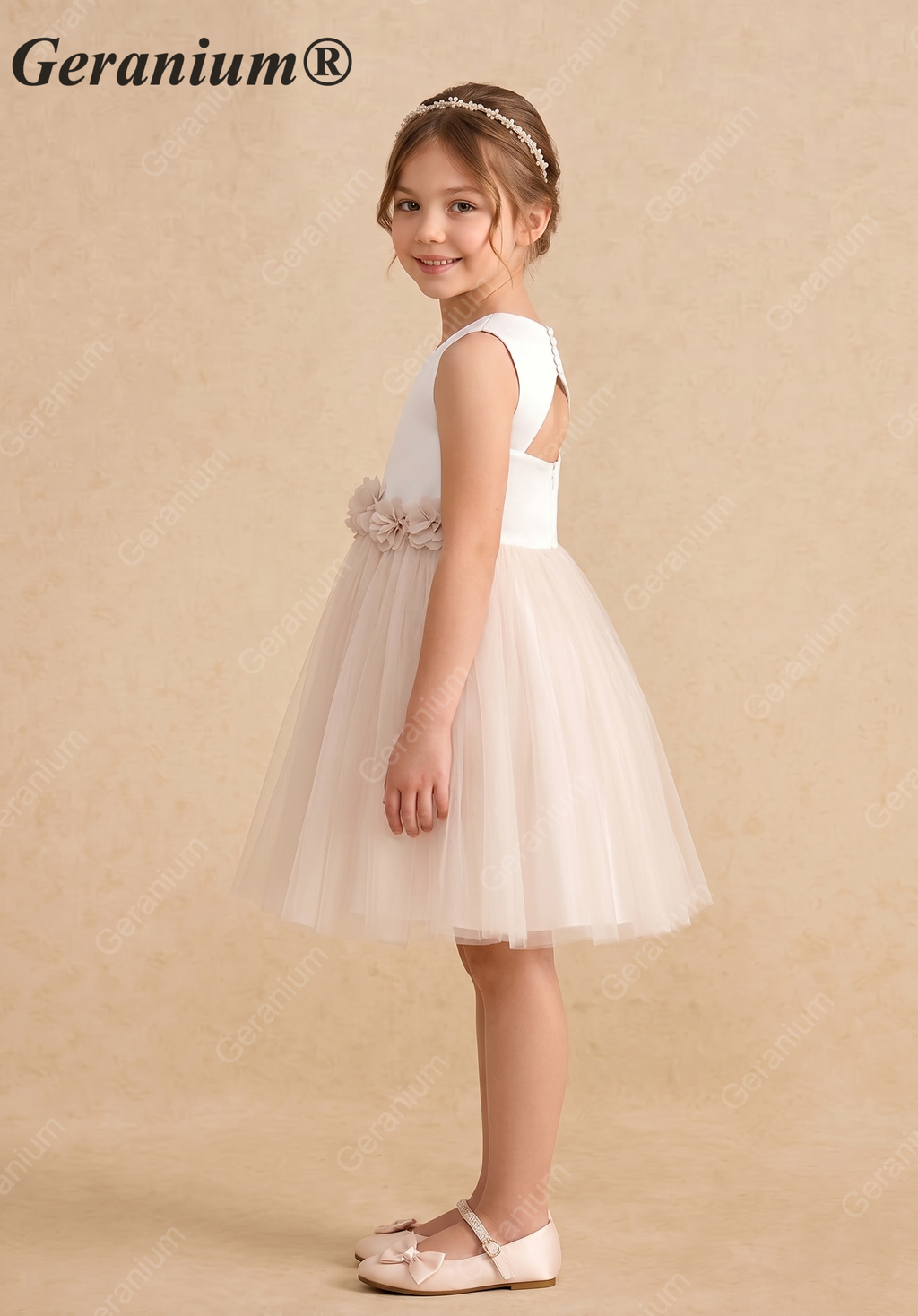 Geranium Elegant Satin and Tulle Flower Girl Dress with 3D Floral Waistband - Open Back KD-259