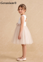Geranium Elegant Satin and Tulle Flower Girl Dress with 3D Floral Waistband - Open Back KD-259