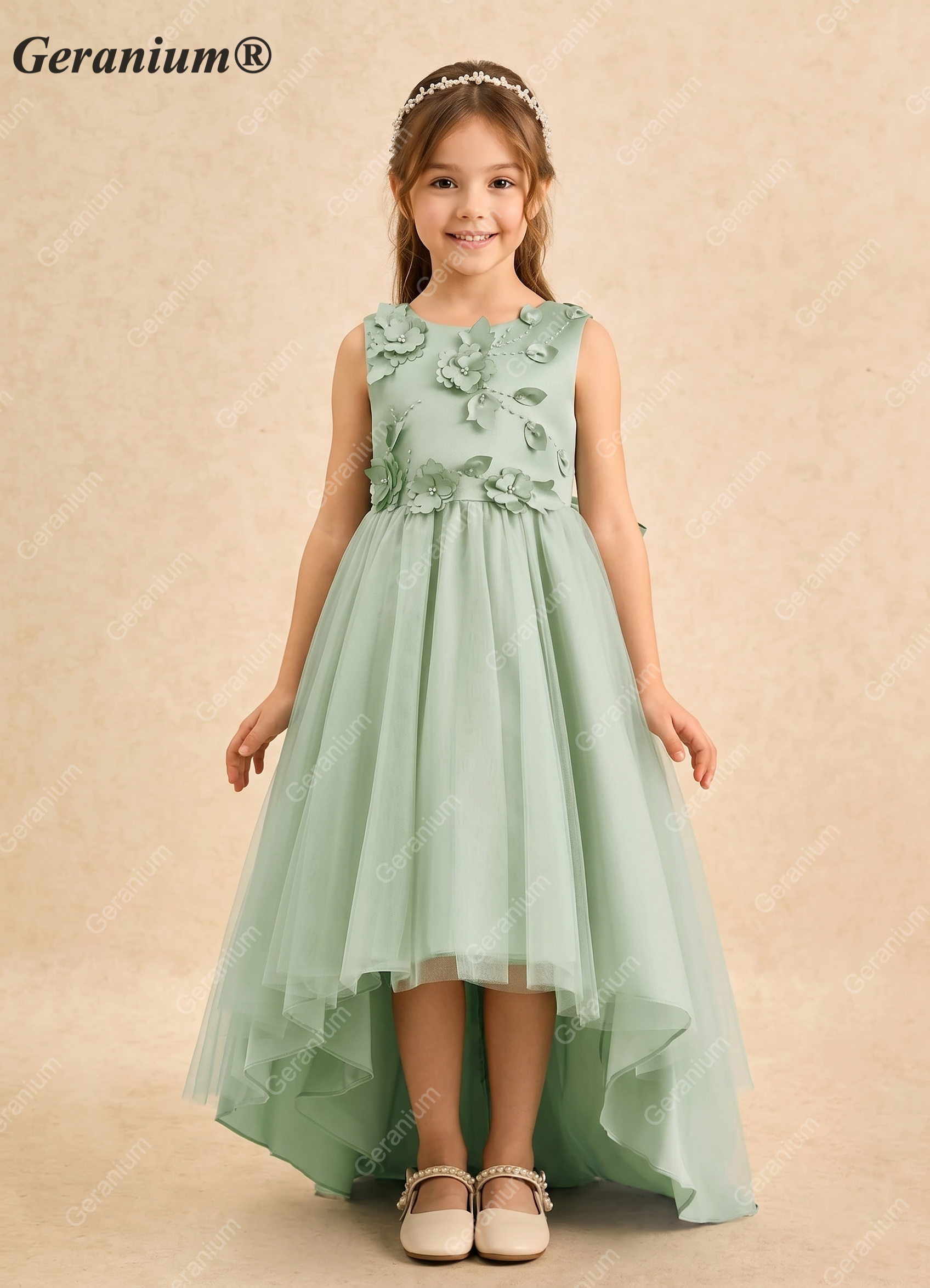 Geranium Dusty Sage 3D Floral High-Low Flower Girl Dress with Satin Bow – KD-91 Main image