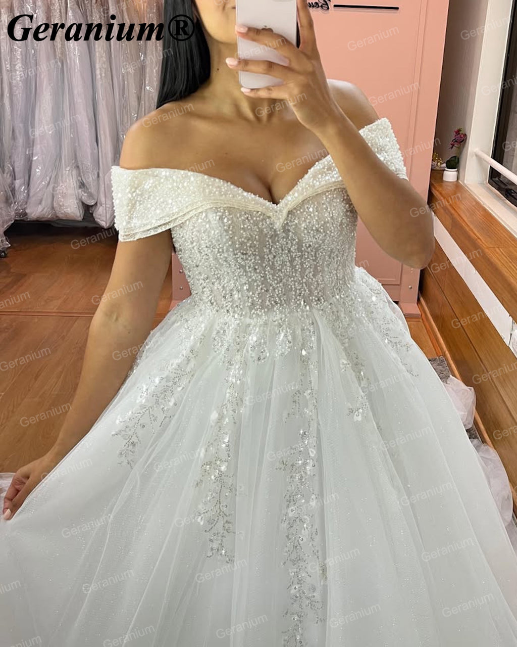 Geranium Off-the-Shoulder Beaded Ball Gown Wedding Dress – GER15
