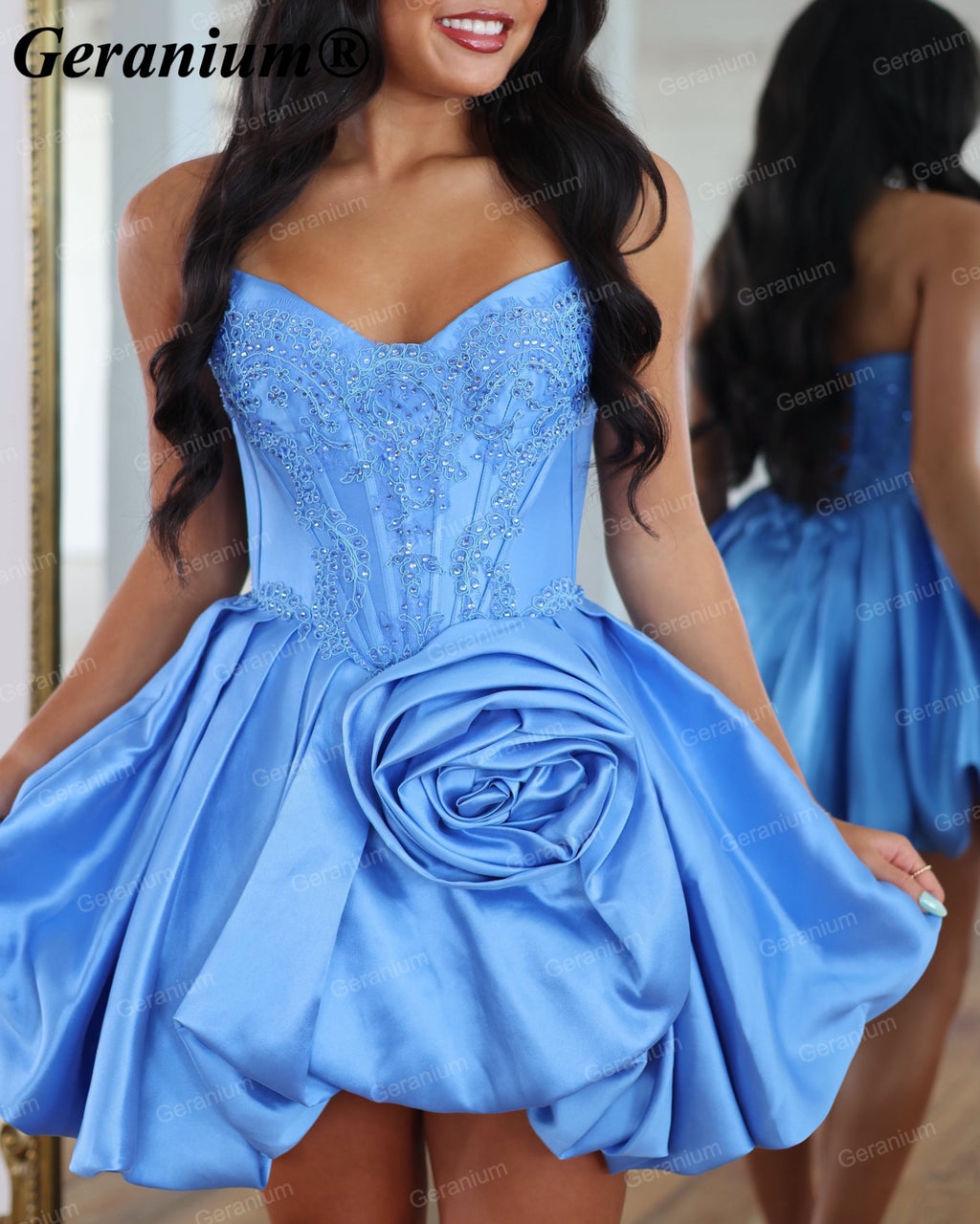 Geranium 3D Rose Rhinestone Corset Mini Homecoming Dress – GER715P