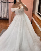 Geranium Off-the-Shoulder Beaded Ball Gown Wedding Dress – GER15
