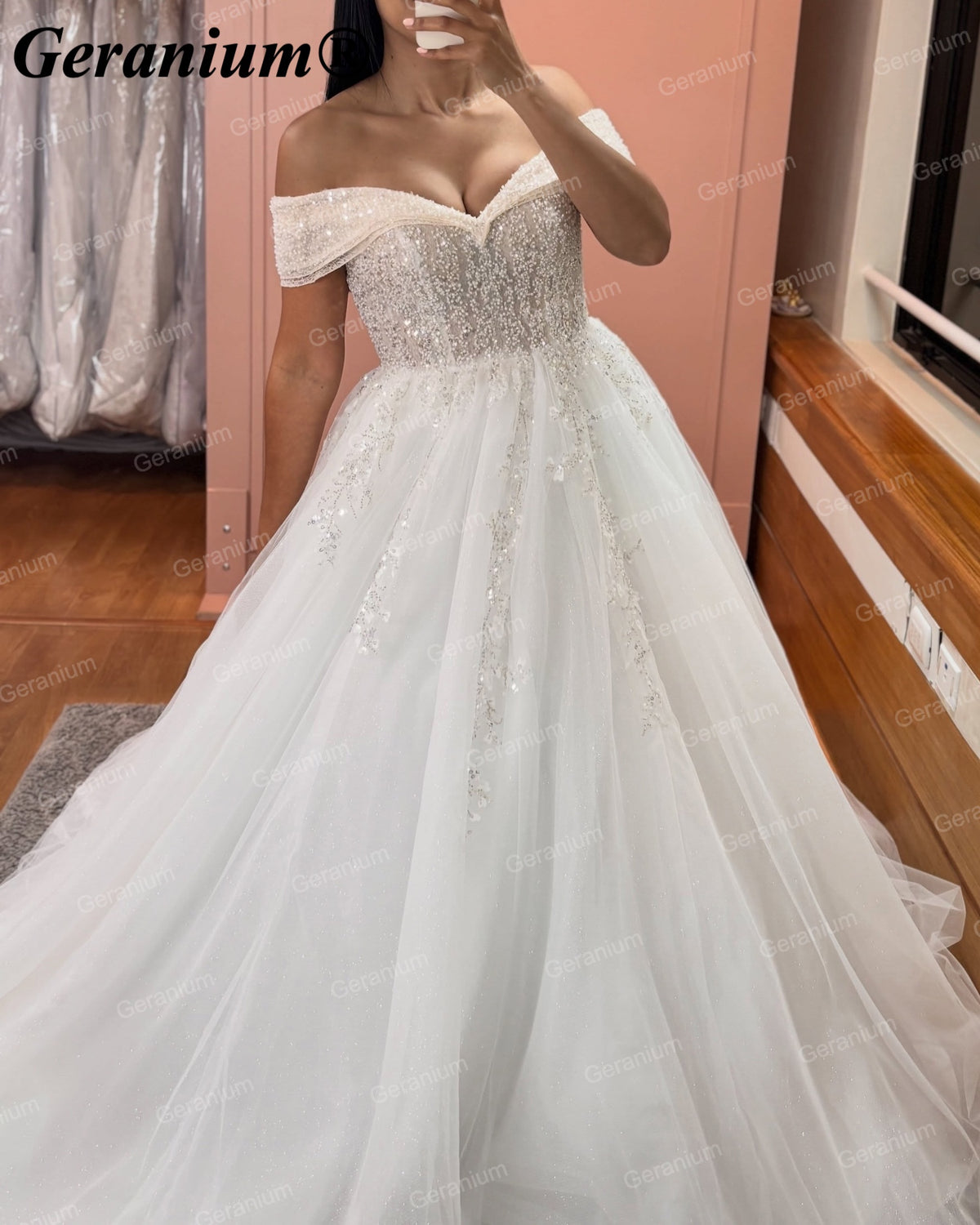 Geranium Off-the-Shoulder Beaded Ball Gown Wedding Dress – GER15