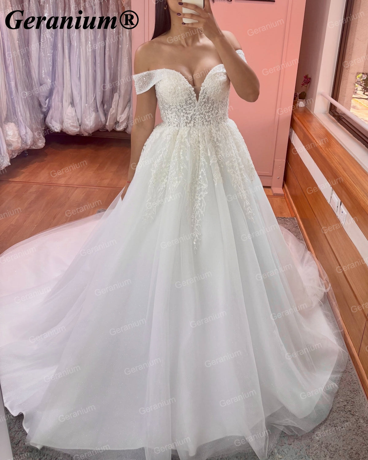 Geranium Off-the-Shoulder Beaded Ball Gown Wedding Dress – GER16