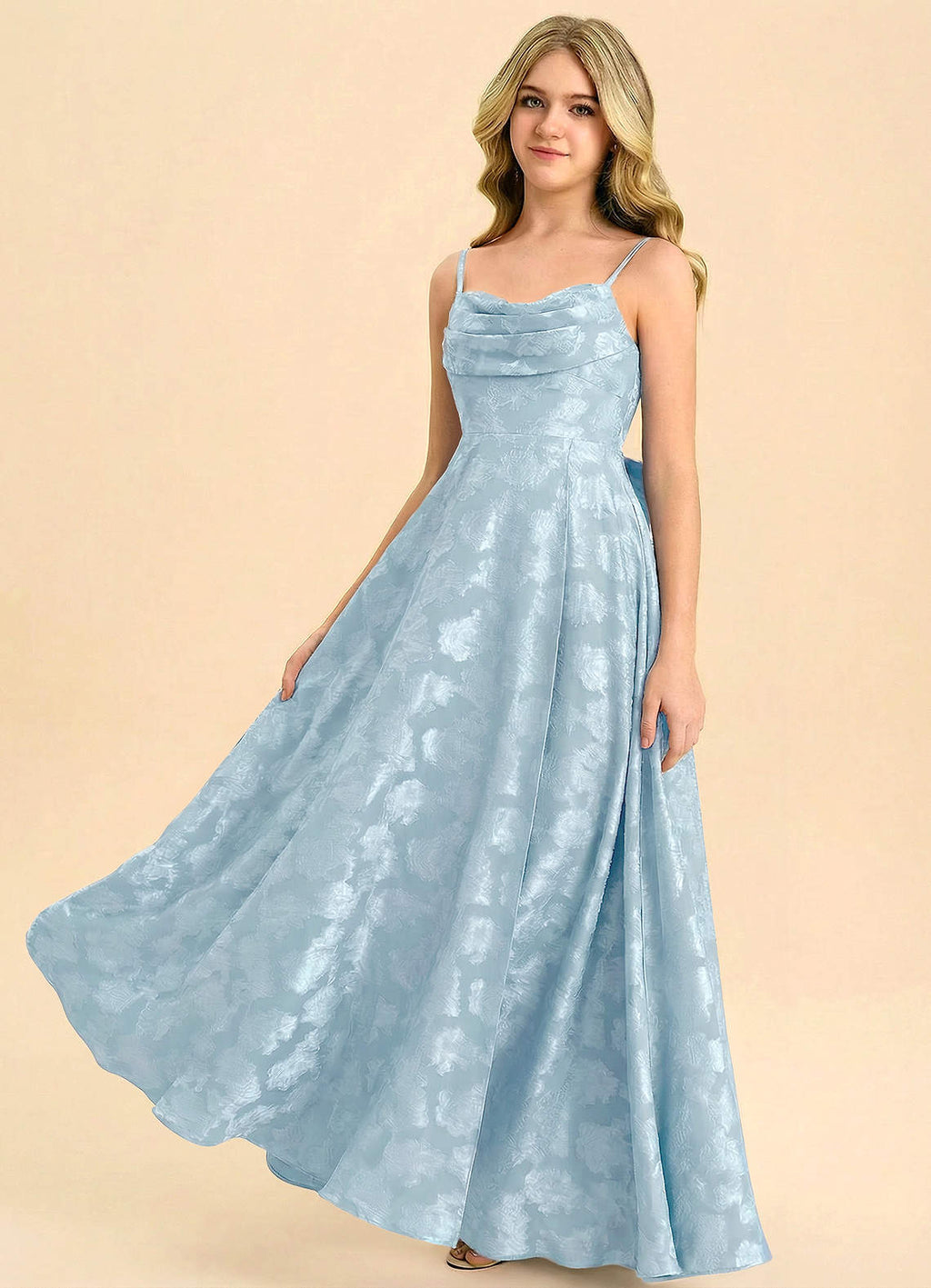 Geranium Dusty Blue Jacquard A-Line Long Dress with Bow Back – Spaghetti Strap Elegant Teen Formal Dress KD-76