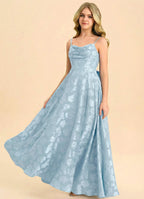 Geranium Dusty Blue Jacquard A-Line Long Dress with Bow Back – Spaghetti Strap Elegant Teen Formal Dress KD-76