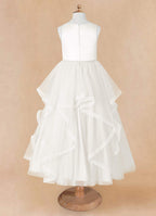 Geranium Sweet Princess Flower Girl Dress - Cascading Tulle Ruffles with Pearl Beaded Waistband KD-262