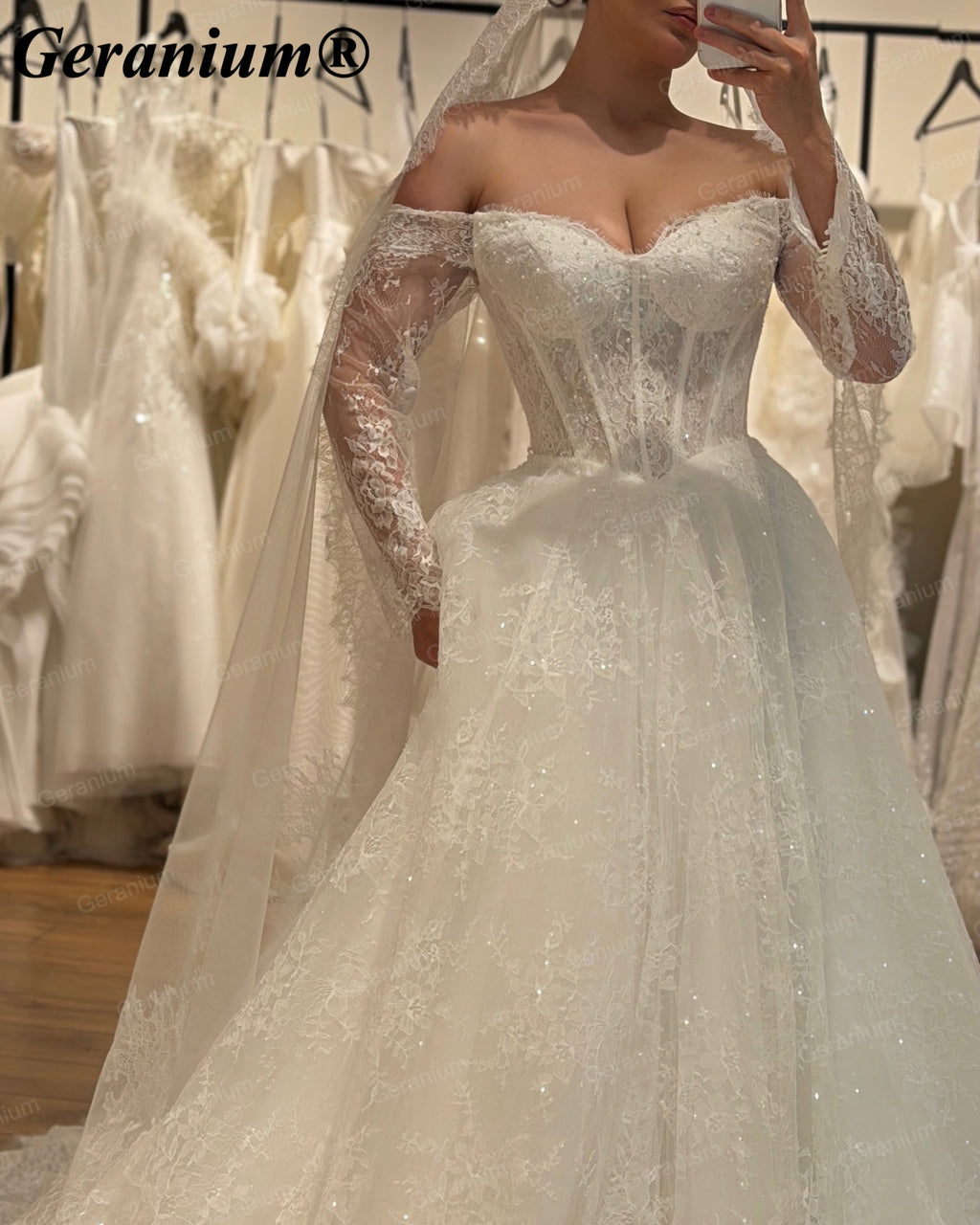 Geranium Off-the-Shoulder Lace Ball Gown Wedding Dress – GER128