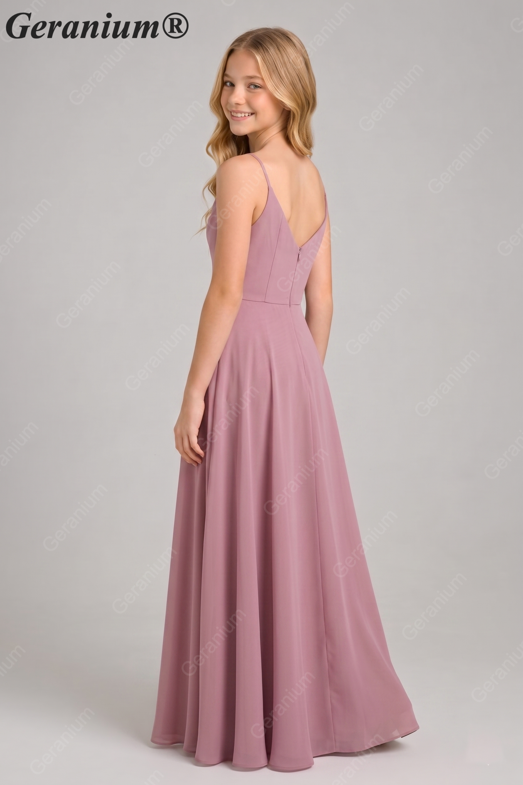 Geranium Elegant Cowl Neck Chiffon Junior Bridesmaid Dress with Spaghetti Straps KD-329 Secondary image