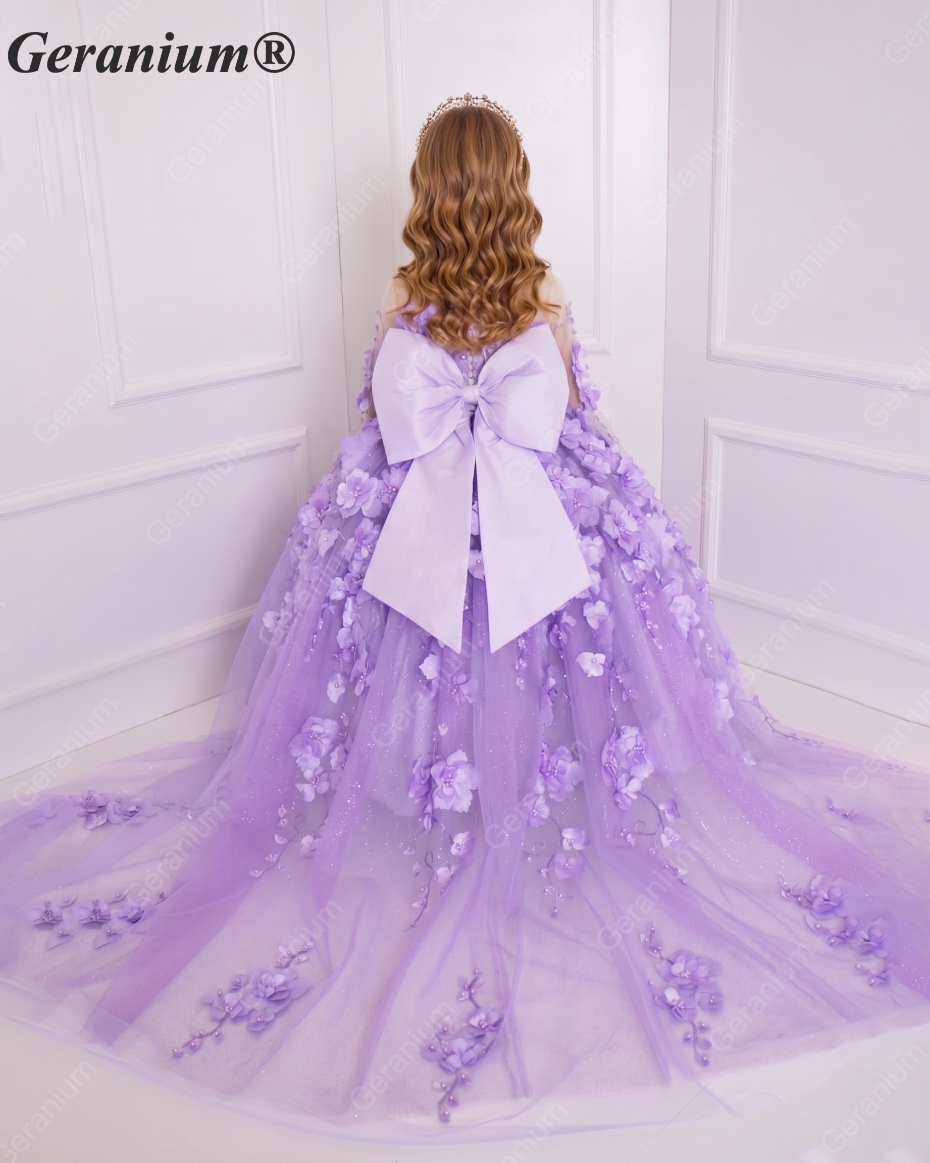 Geranium Couture 3D Floral Junior Pageant Ball Gown with Illusion Sleeves & Tulle Train KD-375