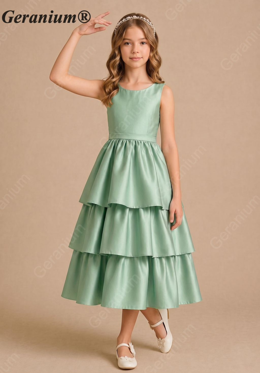 Geranium Girls Elegant Sleeveless Tiered Satin Party Dress with Big Bow KD-188J
