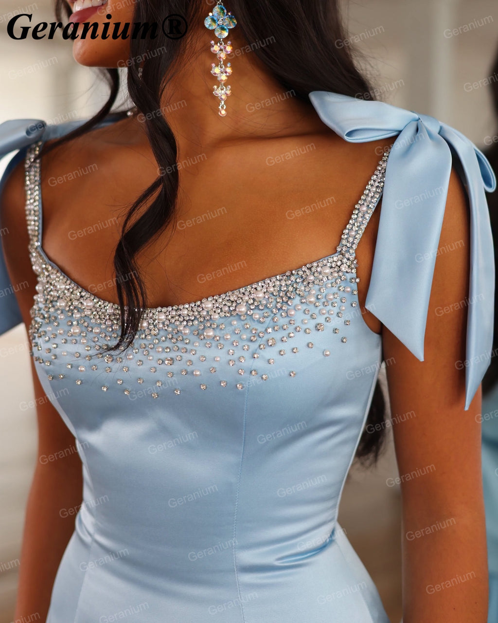 Geranium Beaded Bow Strap Satin Ruffle Mini Prom Dress – GER721P