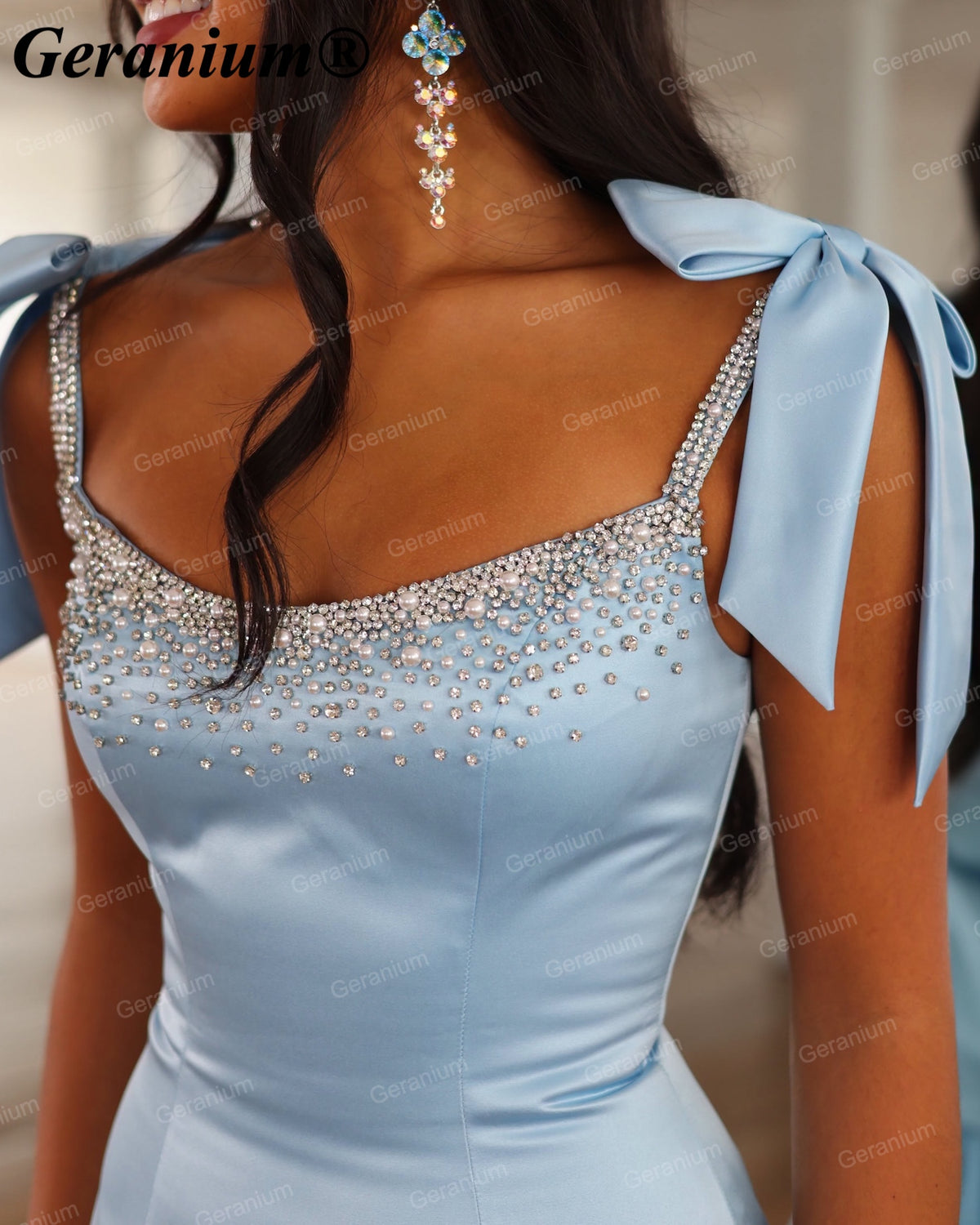 Geranium Beaded Bow Strap Satin Ruffle Mini Prom Dress – GER721P