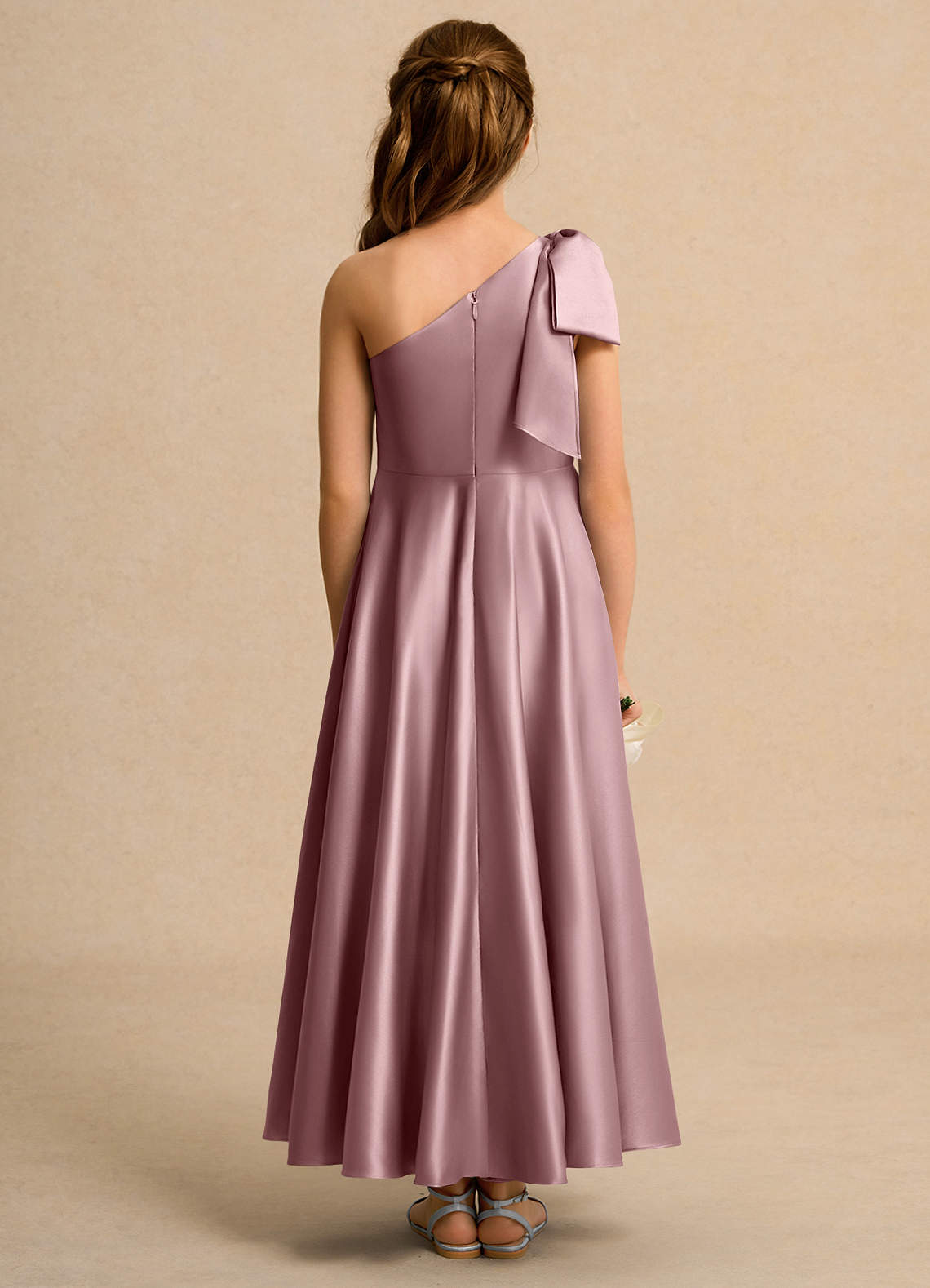 Geranium Elegant One-Shoulder Satin Junior Bridesmaid Dress with Oversized Bow - Floor Length Formal Gown for Girls KD-244 Secondary image