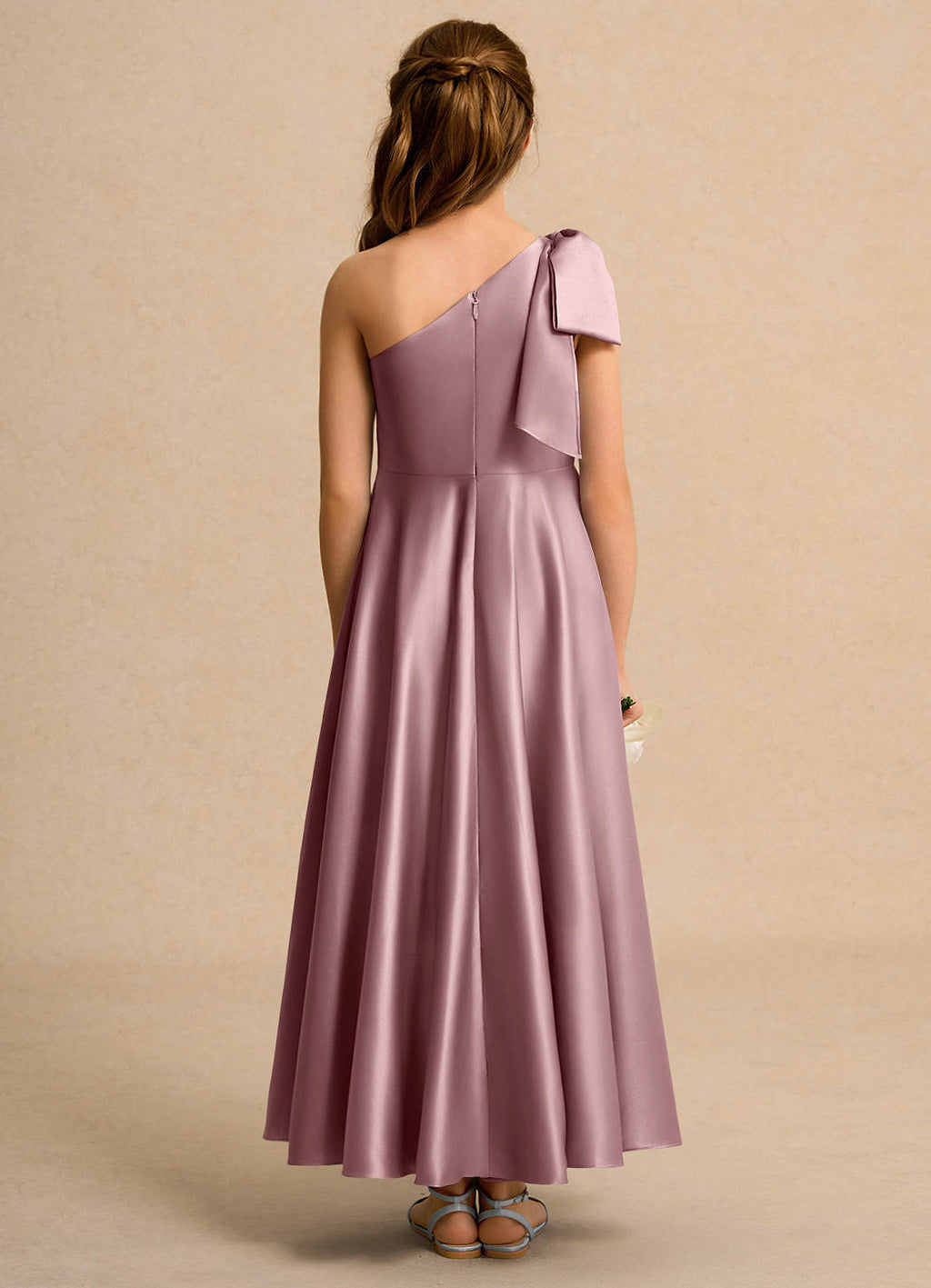 Geranium Elegant One-Shoulder Satin Junior Bridesmaid Dress with Oversized Bow - Floor Length Formal Gown for Girls KD-244