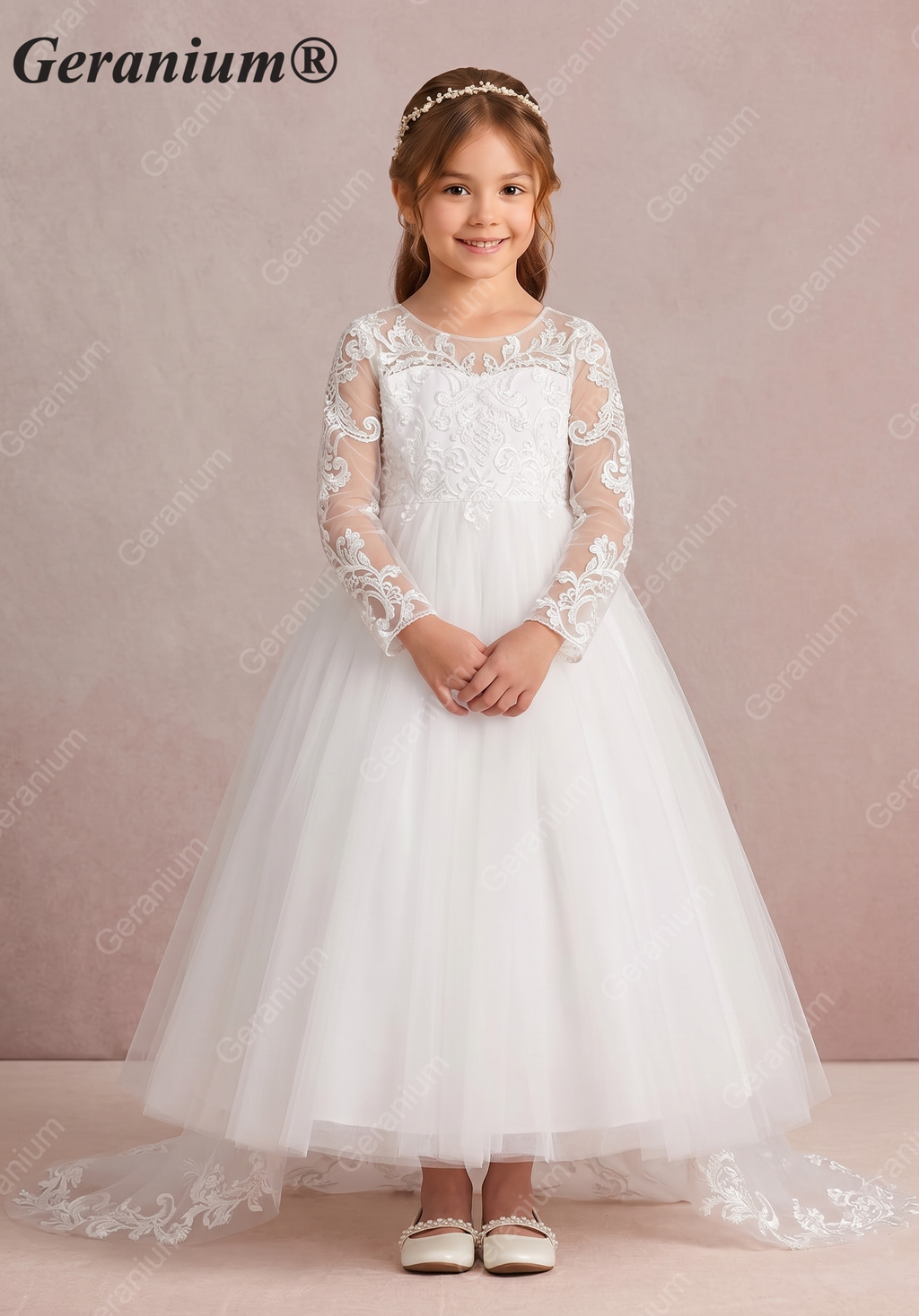 Geranium Elegant Lace Long Sleeve Flower Girl Dress with Oversized Back Bow & Tulle Train KD-208