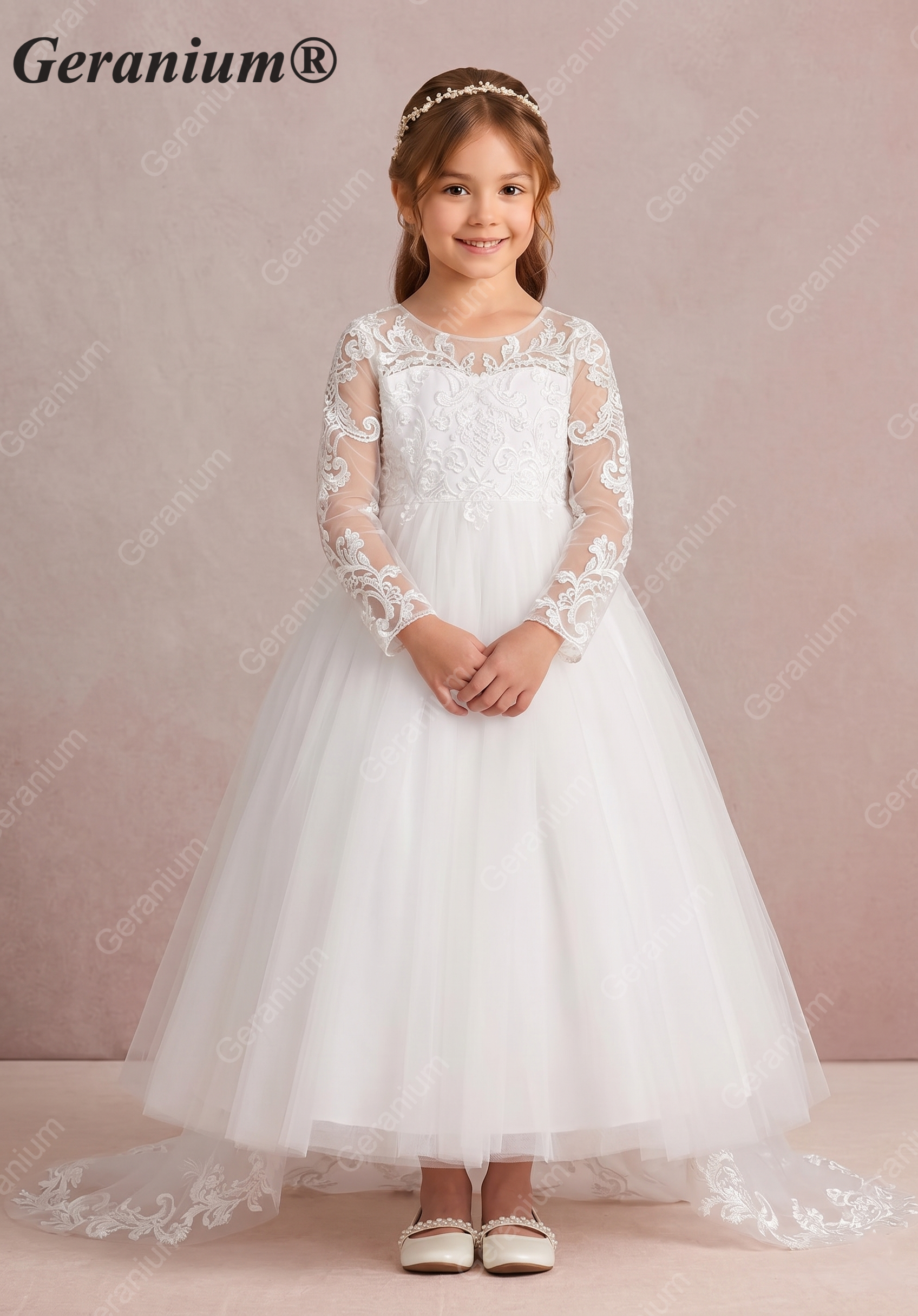 Geranium Elegant Lace Long Sleeve Flower Girl Dress with Oversized Back Bow & Tulle Train KD-208