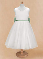 Geranium Elegant Pearl V-Neck Flower Girl Dress with Detachable Sage Green Satin Back Bow KD-298