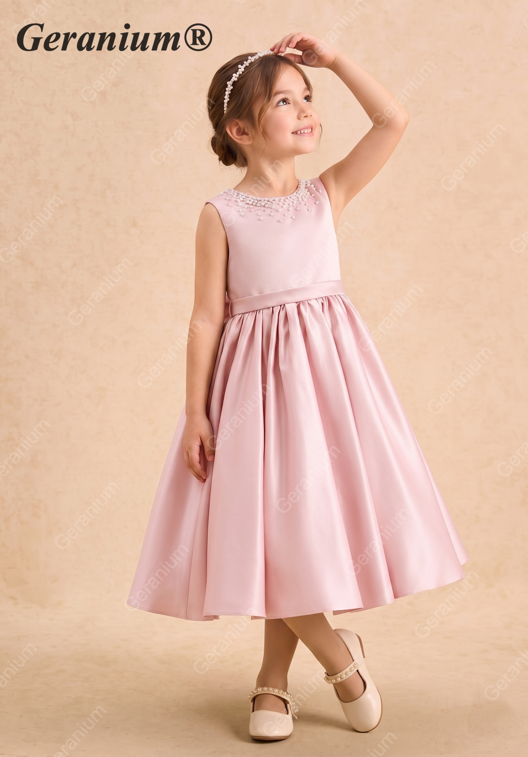 Geranium Elegant Pink Satin Flower Girl Dress with Pearl Neckline & Oversized Back Bow - Sleeveless A-Line Princess Gown KD-246 Secondary image