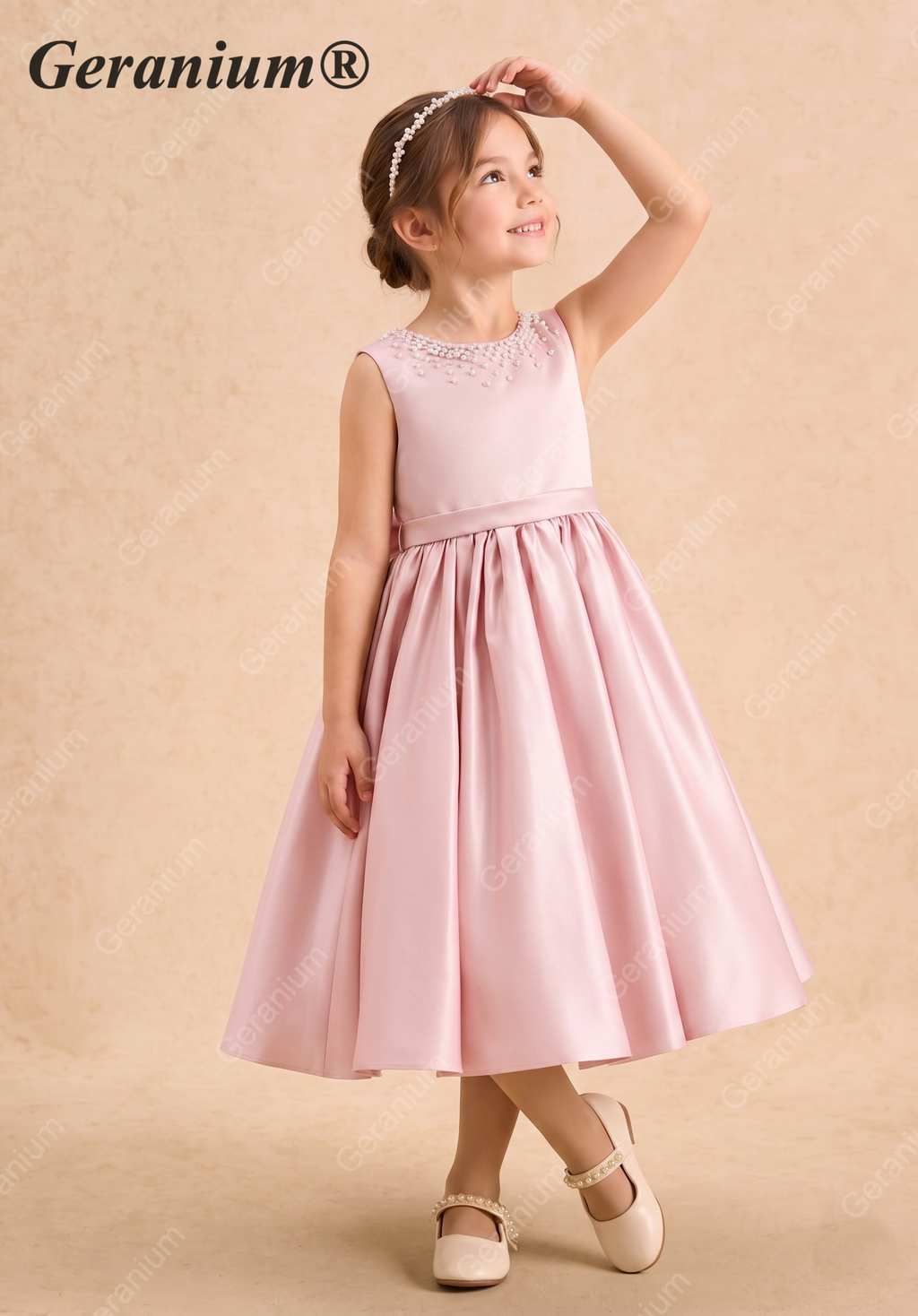 Geranium Elegant Pink Satin Flower Girl Dress with Pearl Neckline & Oversized Back Bow - Sleeveless A-Line Princess Gown KD-246