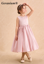 Geranium Elegant Pink Satin Flower Girl Dress with Pearl Neckline & Oversized Back Bow - Sleeveless A-Line Princess Gown KD-246