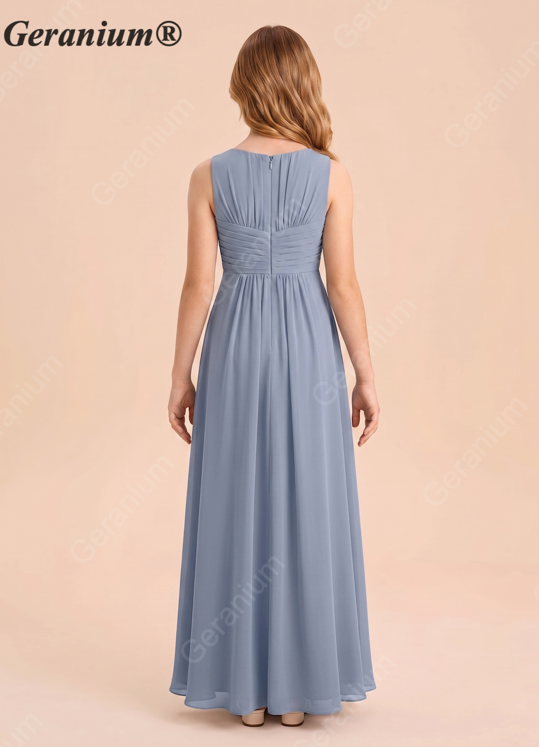 Geranium Dusty Blue Chiffon Junior Bridesmaid Dress – Sleeveless Ruched Bodice A-Line Floor Length Formal Dress KD-80