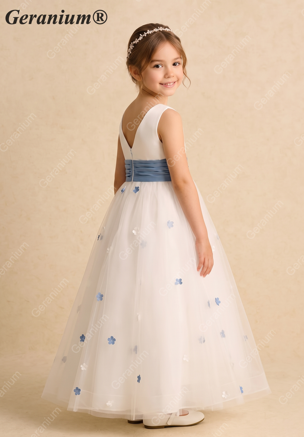 Geranium Elegant White Tulle Flower Girl Dress with Light Blue Ruched Sash and 3D Floral Appliques KD-265