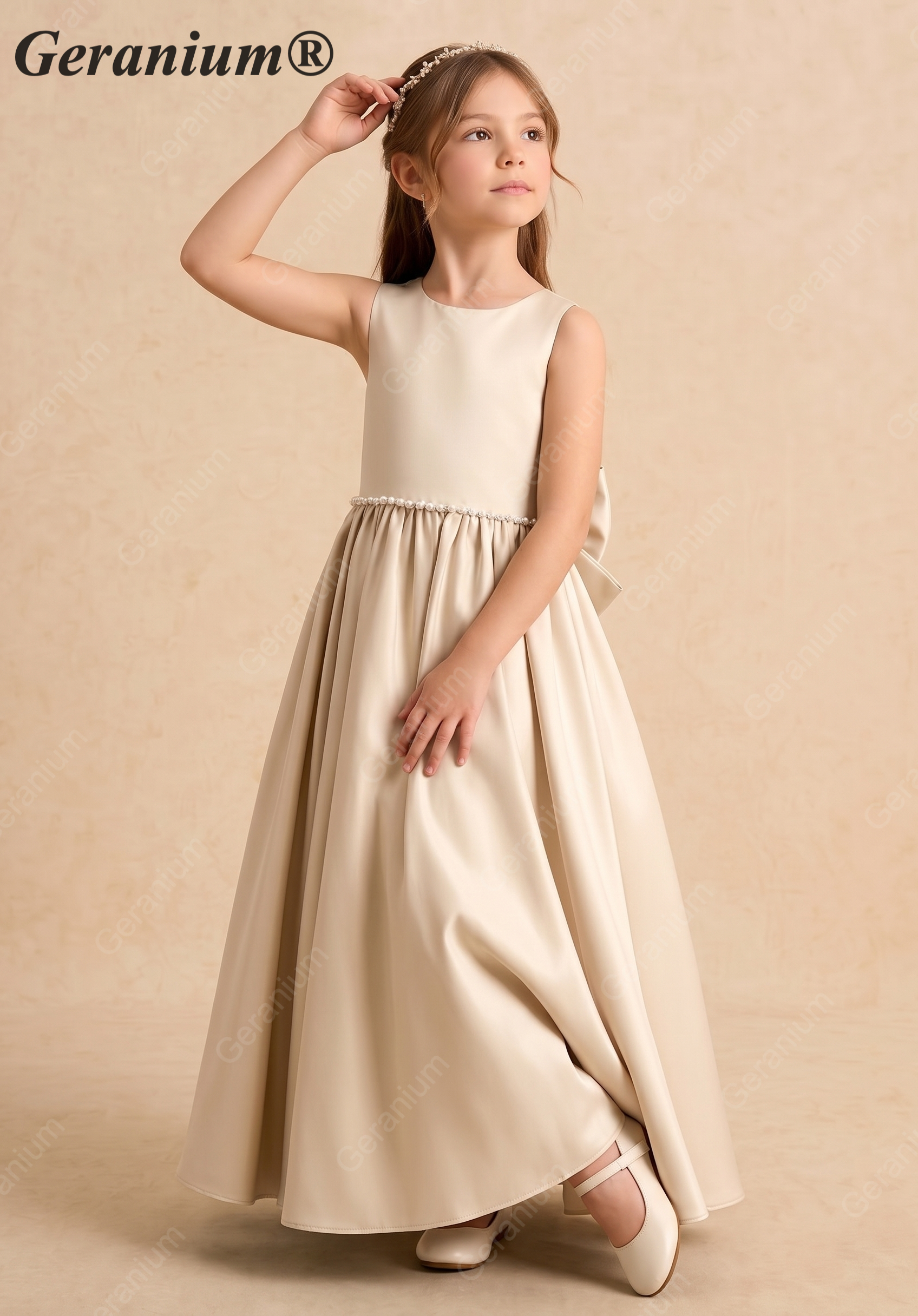 Geranium Elegant Champagne Satin Flower Girl Dress - Backless A-Line Princess Gown with Detachable Bow KD-302