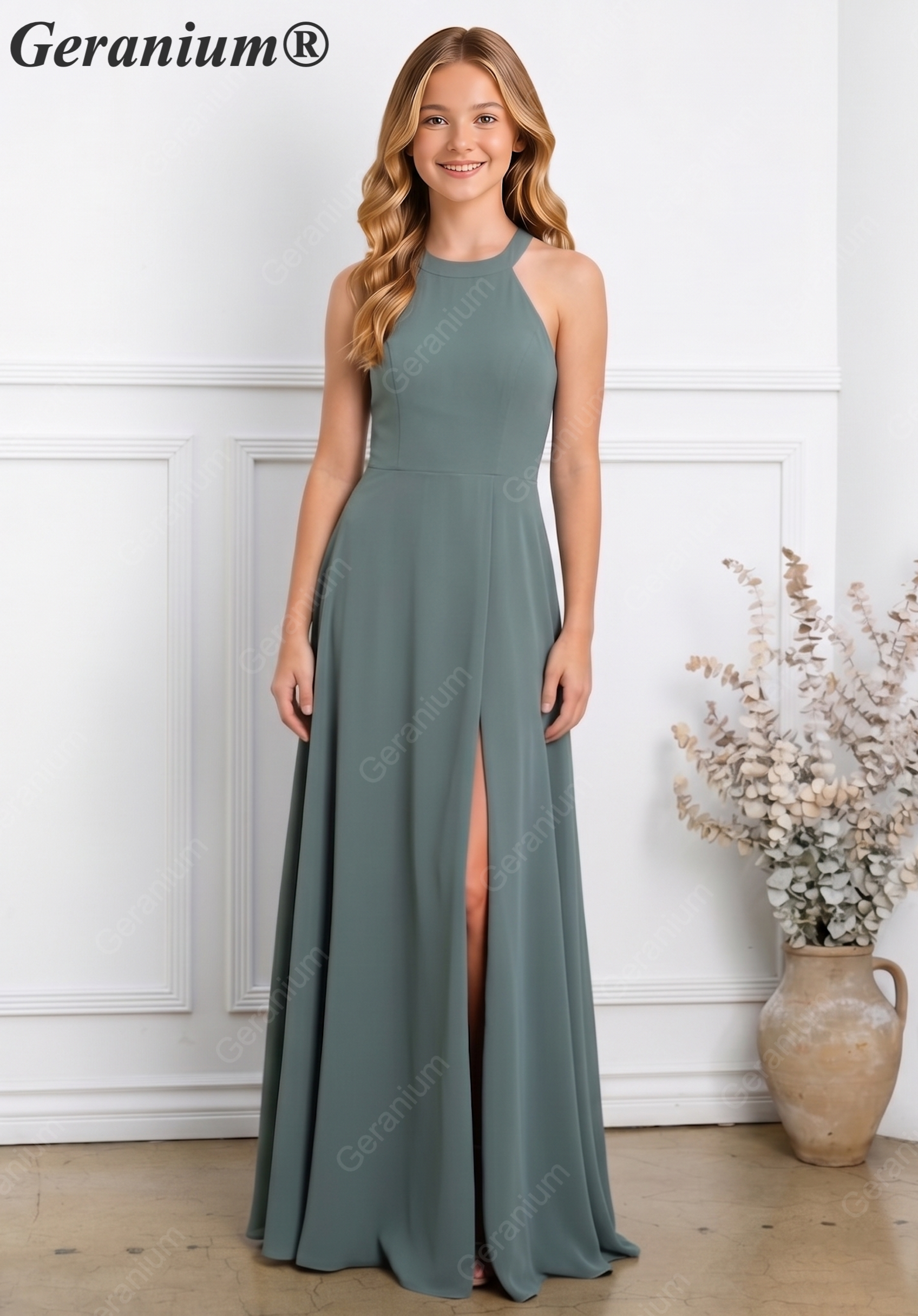 Geranium Elegant Halter Chiffon Junior Bridesmaid Dress with High Slit KD-305 Secondary image