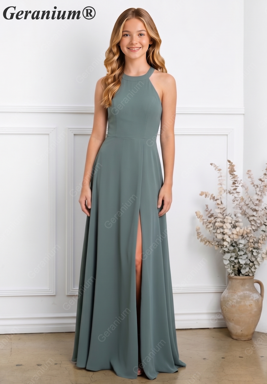 Geranium Elegant Halter Chiffon Junior Bridesmaid Dress with High Slit KD-305