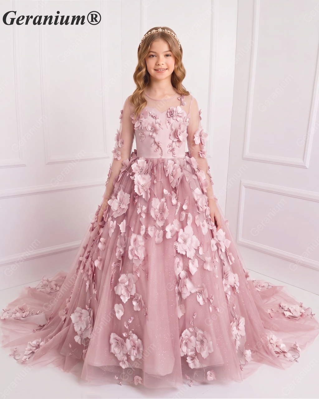 Geranium Couture 3D Floral Junior Pageant Ball Gown with Illusion Sleeves & Tulle Train KD-375