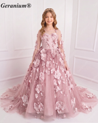 Geranium Couture 3D Floral Junior Pageant Ball Gown with Illusion Sleeves & Tulle Train KD-375
