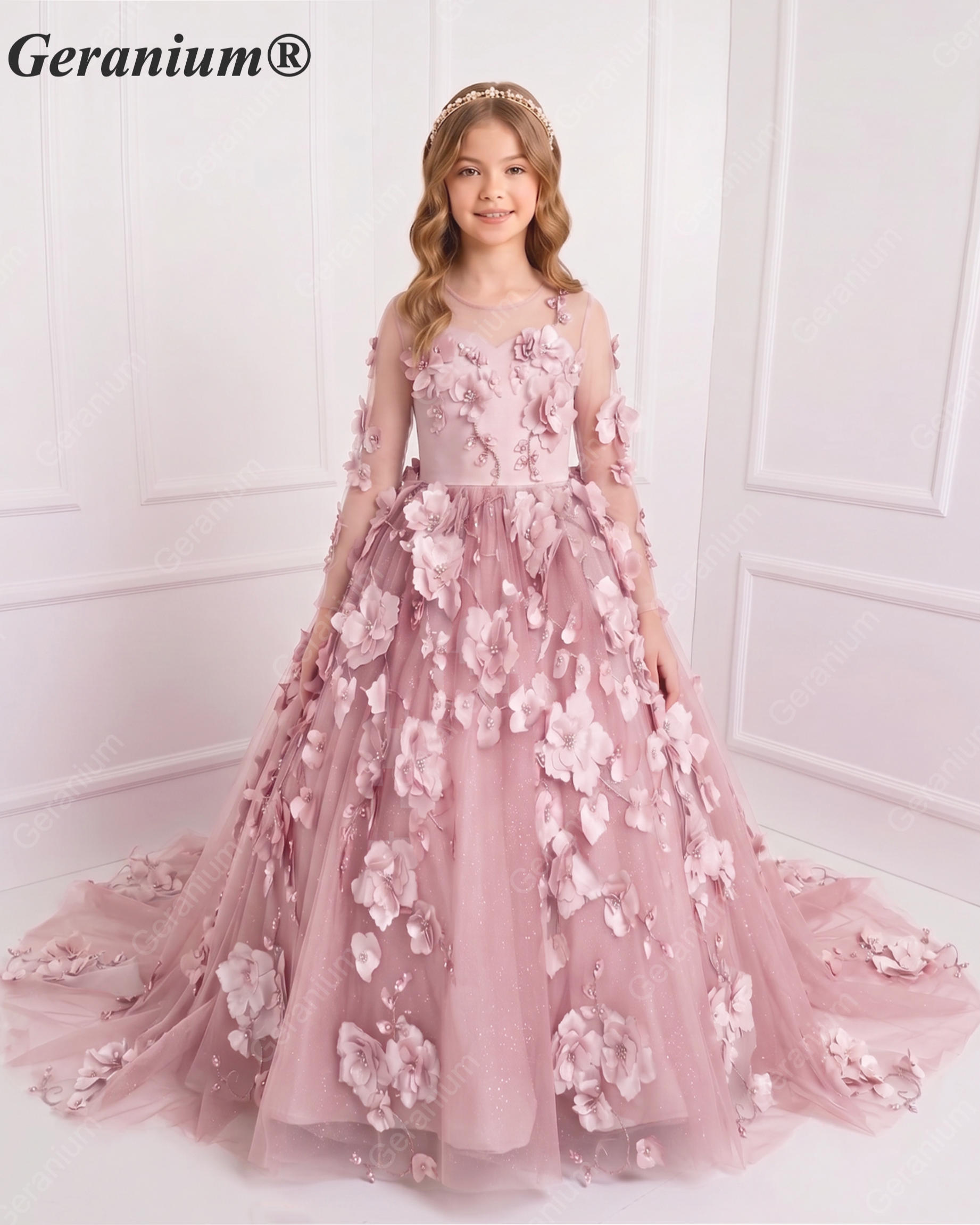 Geranium Couture 3D Floral Junior Pageant Ball Gown with Illusion Sleeves & Tulle Train KD-375