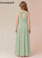 Geranium Sage Green Chiffon Junior Bridesmaid Dress – High Neck Pleated A-Line Floor Length Dress with Open Back KD-157