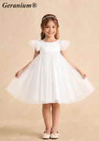 Geranium Elegant White Tulle Flower Girl Dress with Detachable Oversized Pink Back Bow - Flutter Sleeve Princess Gown KD-213