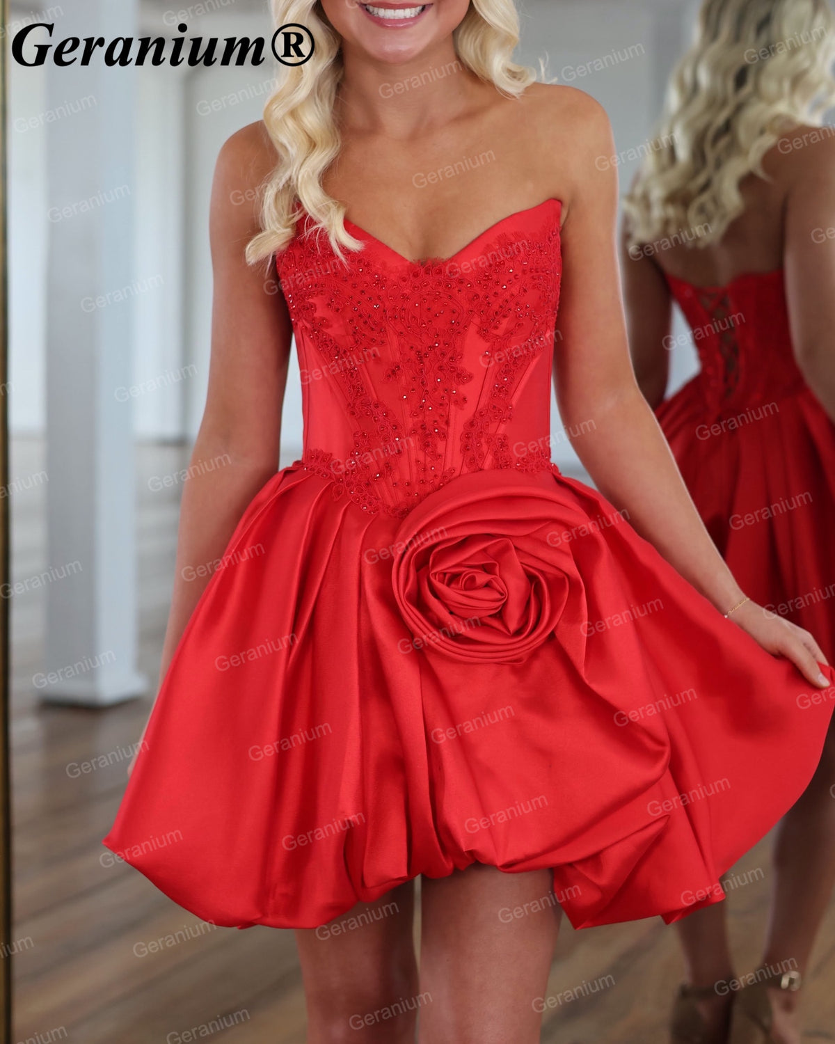 Geranium 3D Rose Rhinestone Corset Mini Homecoming Dress – GER715P